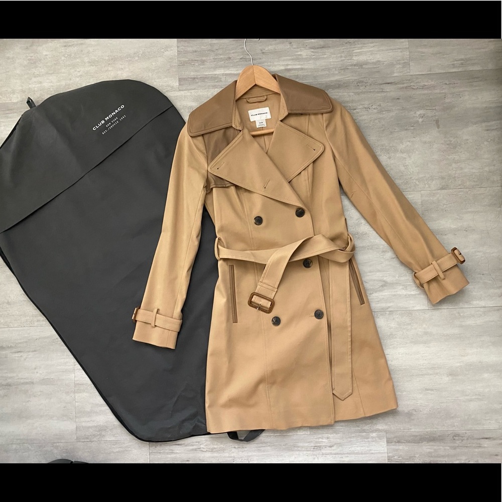 Club Monaco Harper Leather Trim Trench Coat tan/beige XS